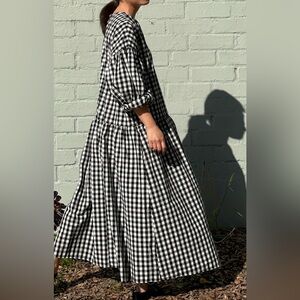 April Meets October Black White Gingham Plaid Oversized Puff Sleeve Dress OS